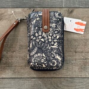 Sakroots Navy and Brown Floral Wristlet
